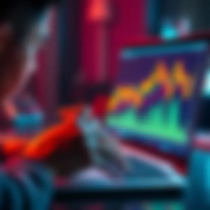 A person looking at a fluctuating cryptocurrency chart on a laptop, contemplating their next move while holding a coin in their hand.