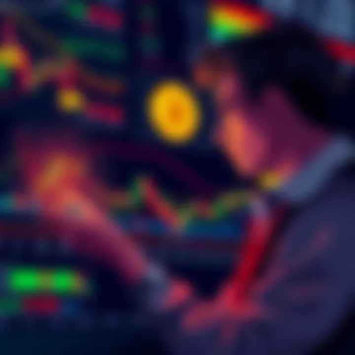 Illustration of a person analyzing cryptocurrency charts with trading platforms in the background, highlighting safe shorting techniques.