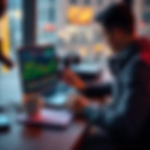 A person analyzing cryptocurrency charts on a laptop while at a desk with a coffee cup and notepad