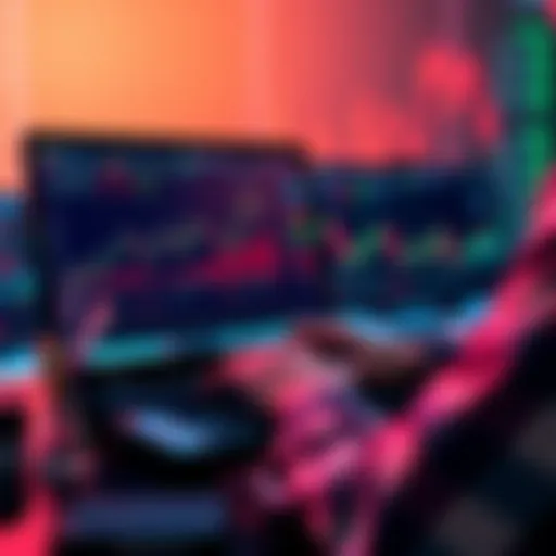 A person analyzing cryptocurrency charts on a laptop with graphs and numbers in the background, showing a focus on strategy.