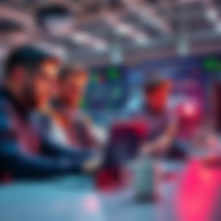 Crypto Trading Systems A group of traders analyzing cryptocurrency charts on laptops, discussing strategies in a bright workspace.