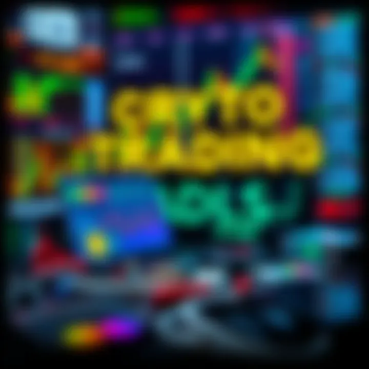 A collection of cryptocurrency trading tools and platforms with charts and news headlines in the background