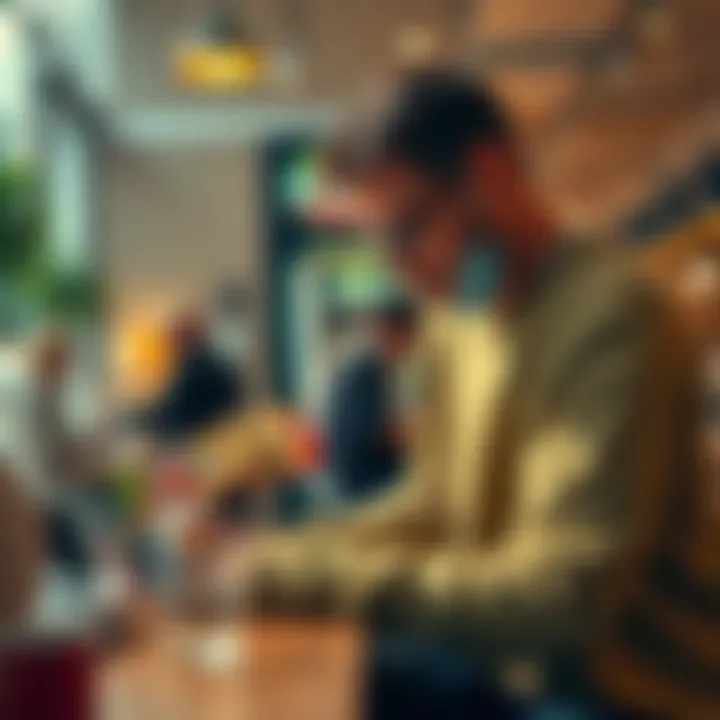 A person making a purchase using Apple Pay and Google Pay for cryptocurrency at a cafe.
