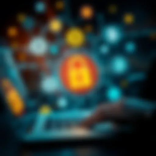 A person using a laptop with a digital padlock symbol over cryptocurrency logos, focusing on privacy in financial transactions.