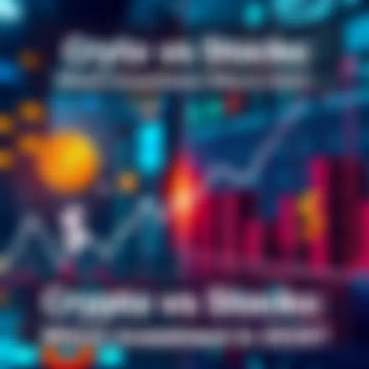 A visual showing a graph with cryptocurrency symbols on one side and stock market symbols on the other, representing the investment debate between crypto and stocks in 2026.