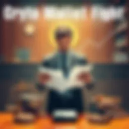A courtroom scene with a man presenting documents related to Bitcoin wallets, surrounded by law books and digital currency symbols.