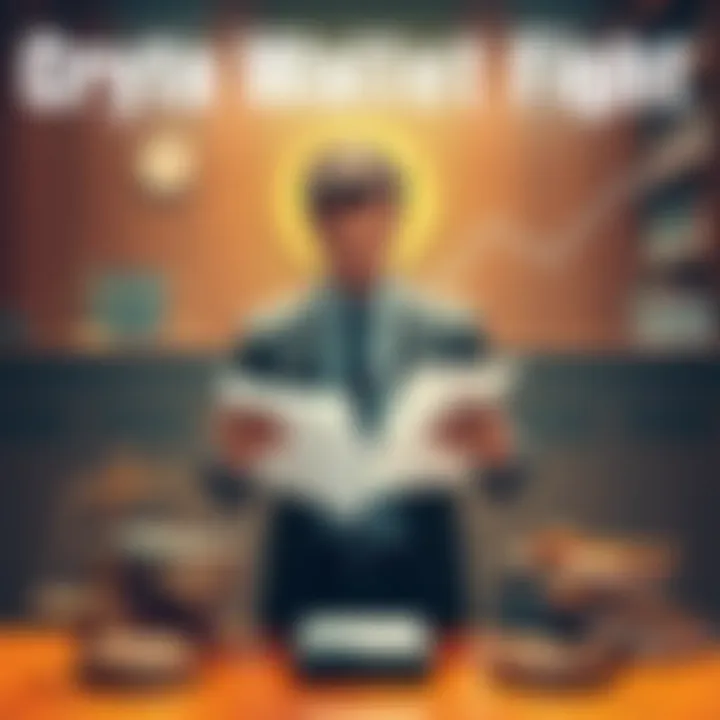 A courtroom scene with a man presenting documents related to Bitcoin wallets, surrounded by law books and digital currency symbols.