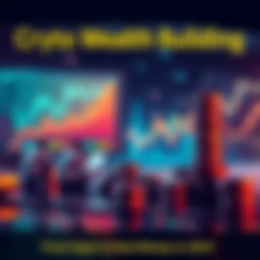 A calm scene of people analyzing charts and stacking coins, symbolizing the shift from volatility to stable wealth in cryptocurrency.