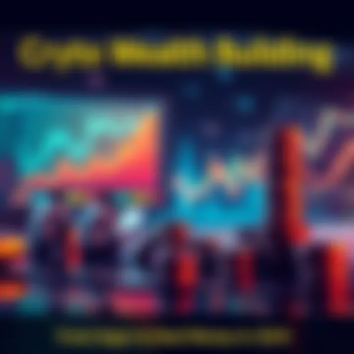 Crypto Wealth Building A calm scene of people analyzing charts and stacking coins, symbolizing the shift from volatility to stable wealth in cryptocurrency.