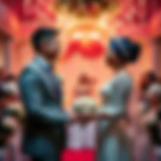 A happy couple exchanges vows at a wedding adorned with cryptocurrency symbols and blockchain decor