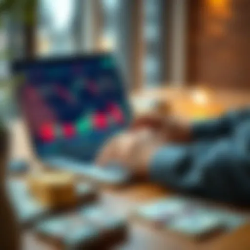 A person analyzing cryptocurrency charts on a laptop, with dollar bills and stock certificates on the table, representing a blend of crypto and traditional investments.