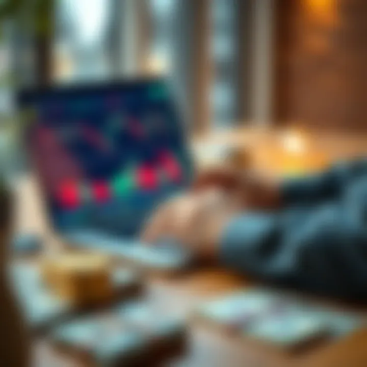 A person analyzing cryptocurrency charts on a laptop, with dollar bills and stock certificates on the table, representing a blend of crypto and traditional investments.