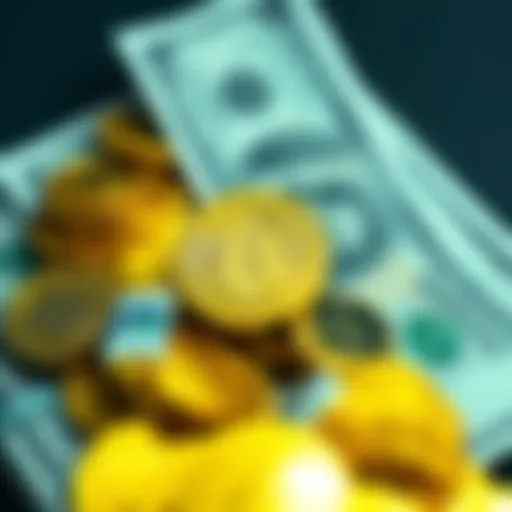 A pile of cryptocurrency coins alongside traditional dollar bills, representing the contrast between digital and traditional currency.