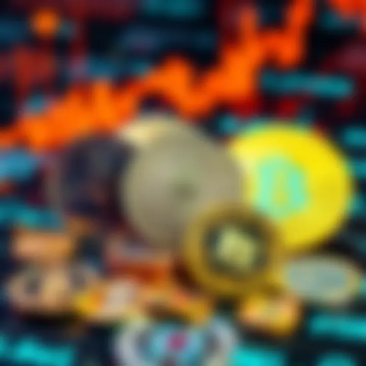 Various cryptocurrency coins including Bitcoin, Ethereum, and Cardano on a digital background