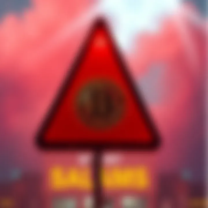 A warning sign with a Bitcoin symbol warning against scams in the cryptocurrency market.