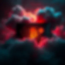 A digital wallet display with cryptocurrency symbols surrounded by dark clouds representing turmoil and illegal activities.