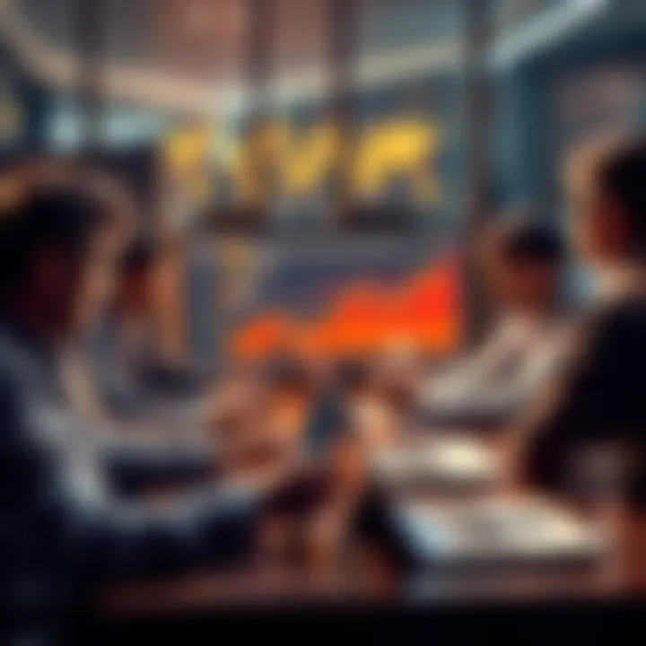 Group of people discussing cryptocurrency strategies at a table with laptops and charts