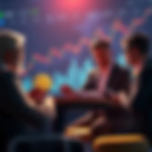 A group of investors discussing when to sell Bitcoin, Ethereum, and Solana, with charts in the background showing market trends.