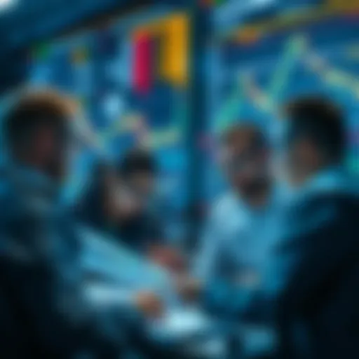 Group of cryptocurrency traders looking at price charts and discussing predictions for October market trends.