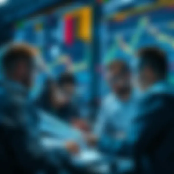 Group of cryptocurrency traders looking at price charts and discussing predictions for October market trends.
