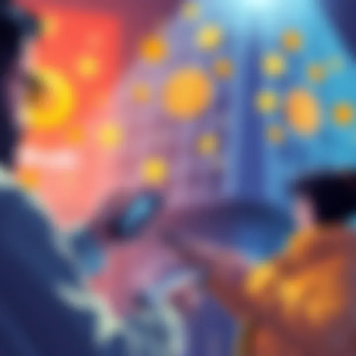 A digital illustration showing people exchanging cryptocurrencies on their devices, symbolizing peer-to-peer transactions and financial privacy.