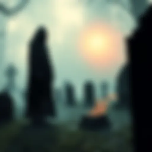 A mysterious cultist in dark robes stands in a foggy graveyard, surrounded by ancient gravestones and a faint glow.