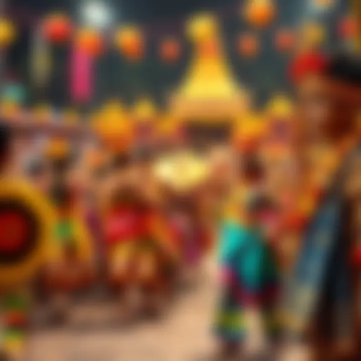 A vibrant festival scene showcasing dance and traditional costumes, reflecting the cultural importance of Junnn in the community.