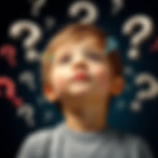 A child looking up with a curious expression, surrounded by question marks, symbolizing inquiry and learning.