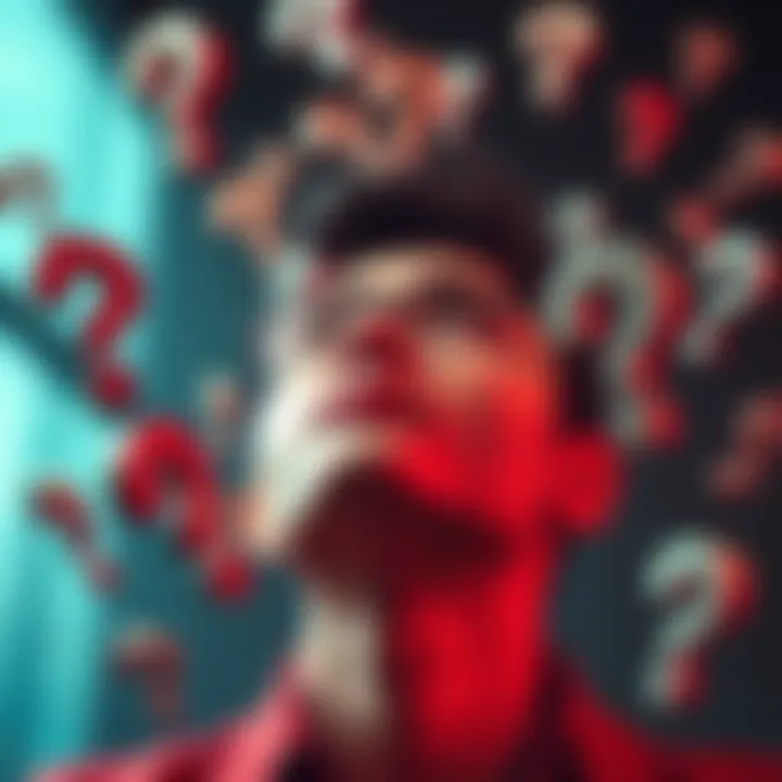 A person with a thoughtful expression, looking up as if pondering questions, surrounded by floating question marks, symbolizing curiosity and the quest for understanding.
