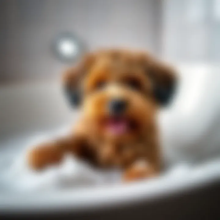 A curly-coated puppy playing in a bathtub filled with sudsy shampoo, looking happy and clean.