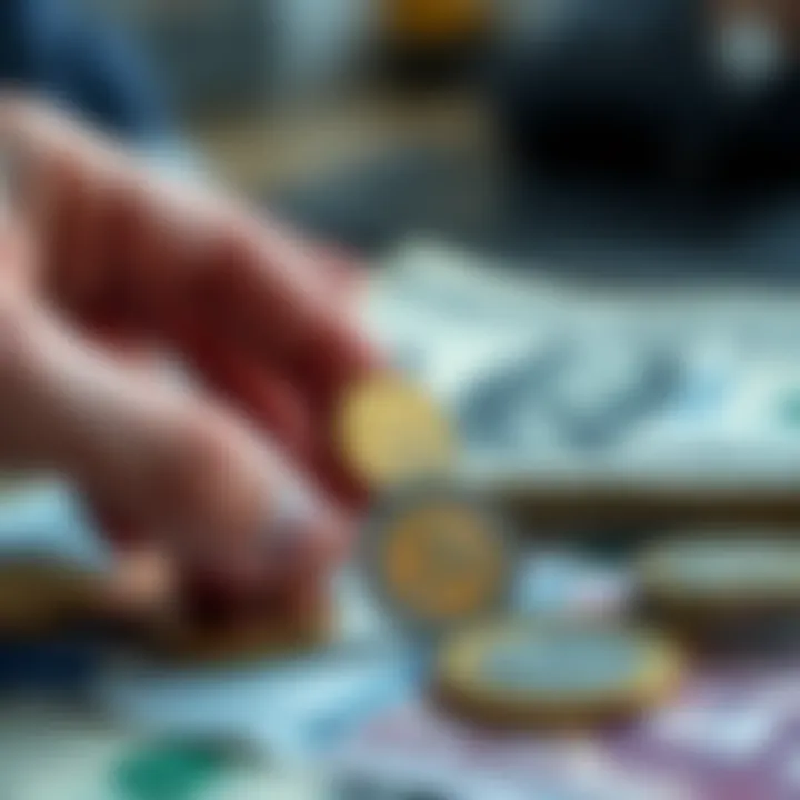 A close-up of a hand holding US coins with a Euro coin on a table, showing the concept of currency exchange.