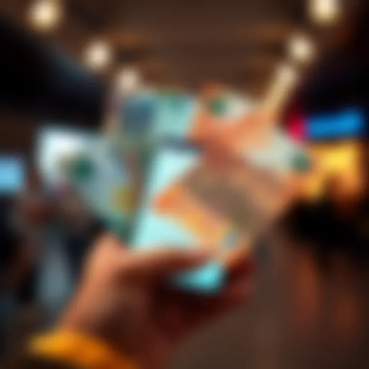 A person holding Canadian dollars and Euro notes with a currency exchange app on a smartphone display