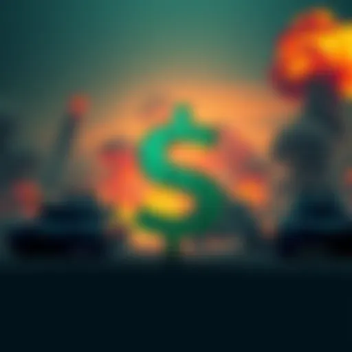 A bold currency symbol stands in contrast to war-related imagery like tanks and smoke, symbolizing hope amid rising tensions.
