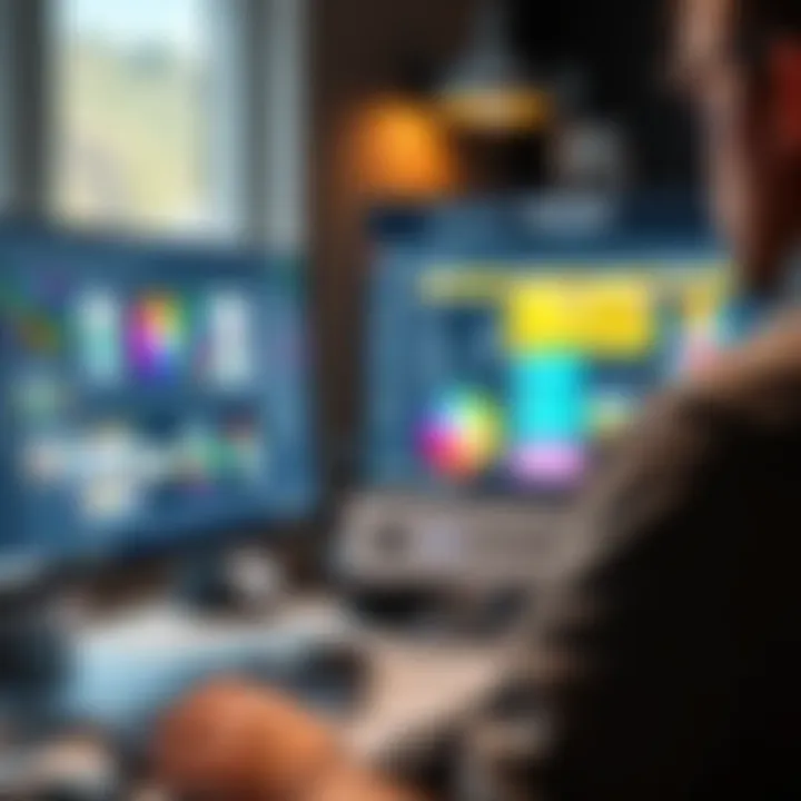 A person using a computer with design software open, creating custom card designs with colorful graphics and tools on the screen.