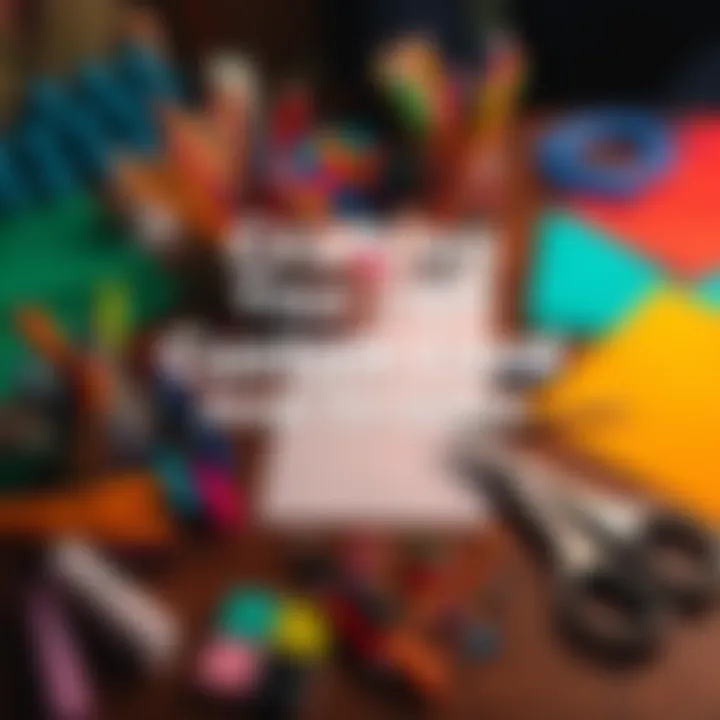 A table with colorful materials like paper, markers, and scissors used for creating a custom card.