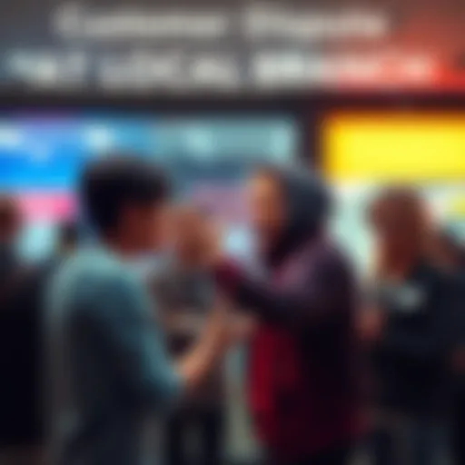 A heated argument between a customer and staff at a local branch, with other customers observing the situation.