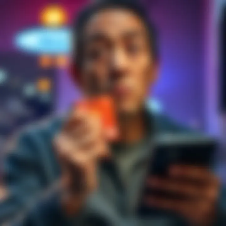 A person looking worried while holding a Bitcoin gift card and using a smartphone with the Fold App open.