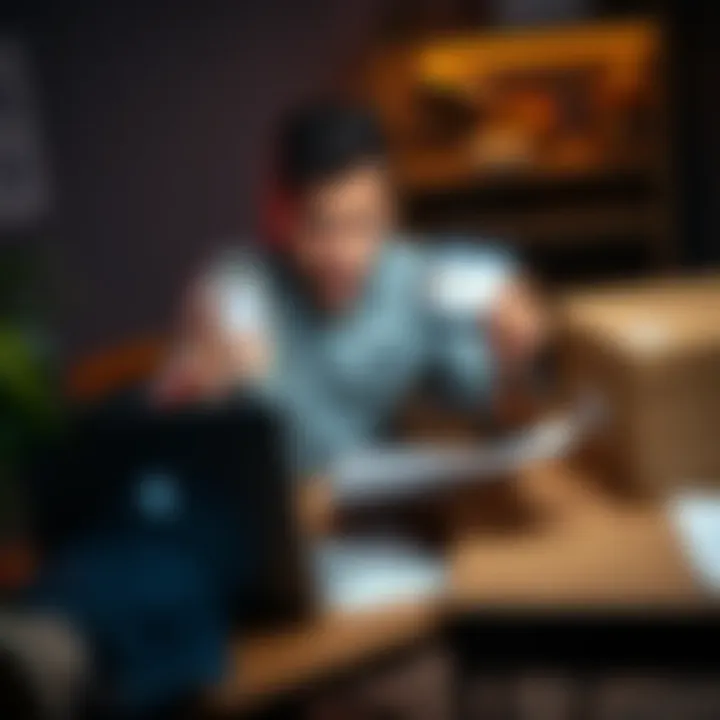 A frustrated customer sitting at a table with a laptop, holding a phone showing a chargeback claim, surrounded by paperwork and a returned item box.
