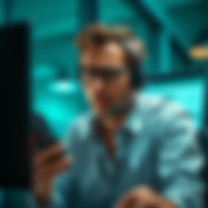 A customer support agent talking on the phone with a concerned expression, showing frustration over unresolved issues with a computer screen displaying old responses.