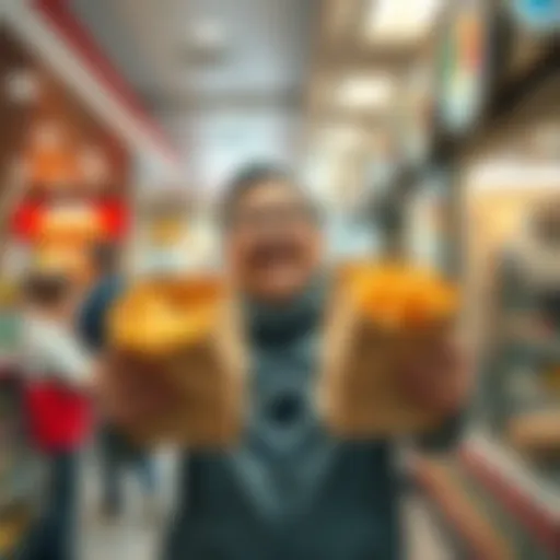 A happy customer holding two takeout bags with food, looking surprised and pleased at a local store, showing double the food order they received by mistake