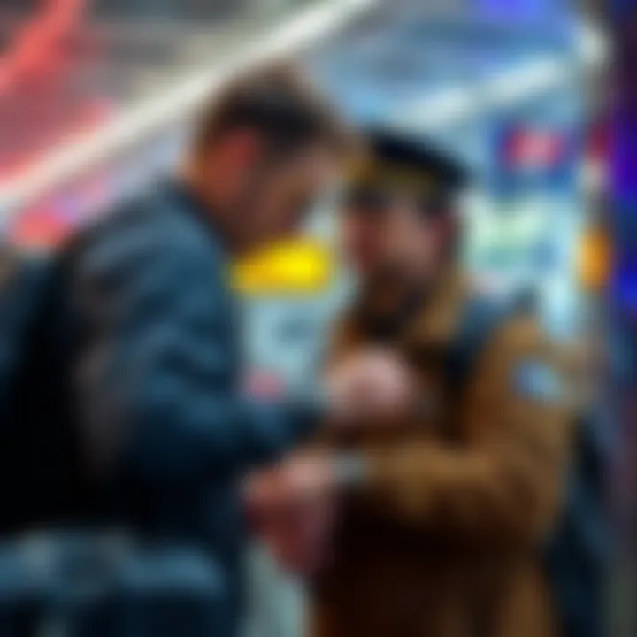 A traveler at a customs check with a CBSA officer examining a watch