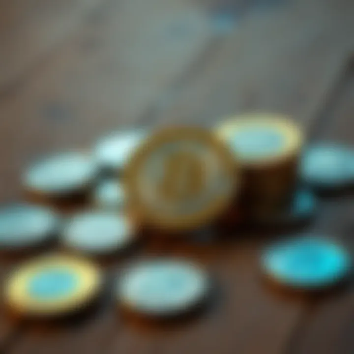 A close-up of a cut coin resting on a wooden table, surrounded by a few other coins.