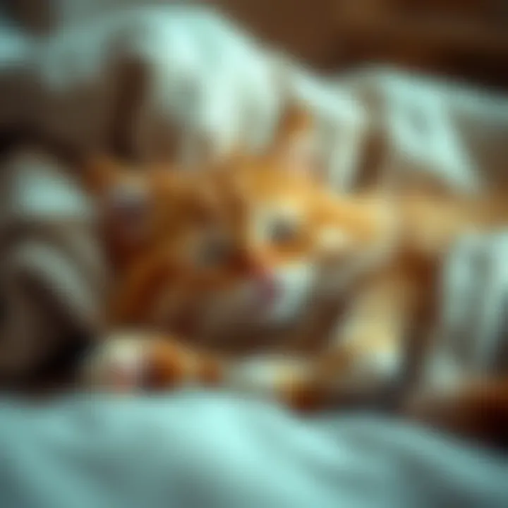 A fluffy cat resting on a soft blanket, looking relaxed and content.