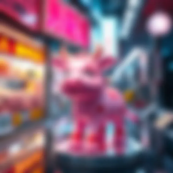 A small, adorable pink cow figure on display, showcasing its charming features and vibrant color, perfect for collectors.