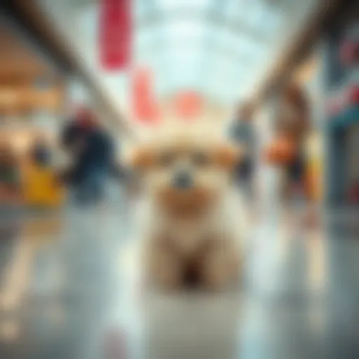 A small, fluffy puppy sitting on the floor of a mall, surrounded by shoppers looking at it with smiles.