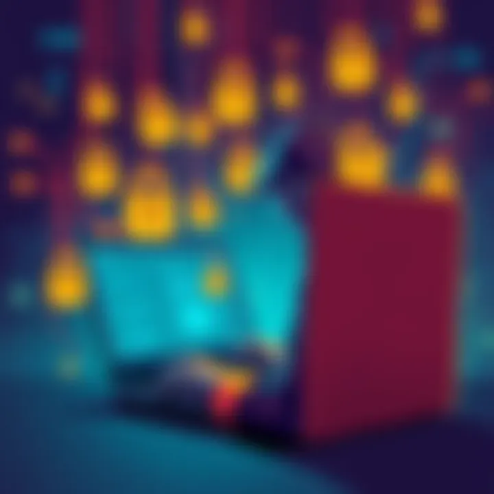 A person using a laptop with digital locks and privacy symbols around them, emphasizing the importance of online privacy and security.