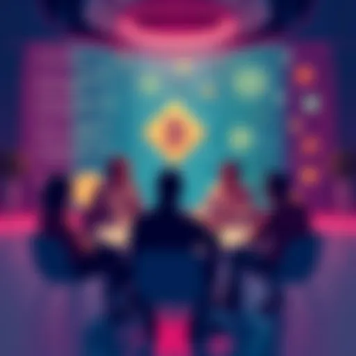 A group of people discussing the impact of venture capital on privacy in a modern setting, with a digital backdrop featuring coding and cryptocurrency symbols.