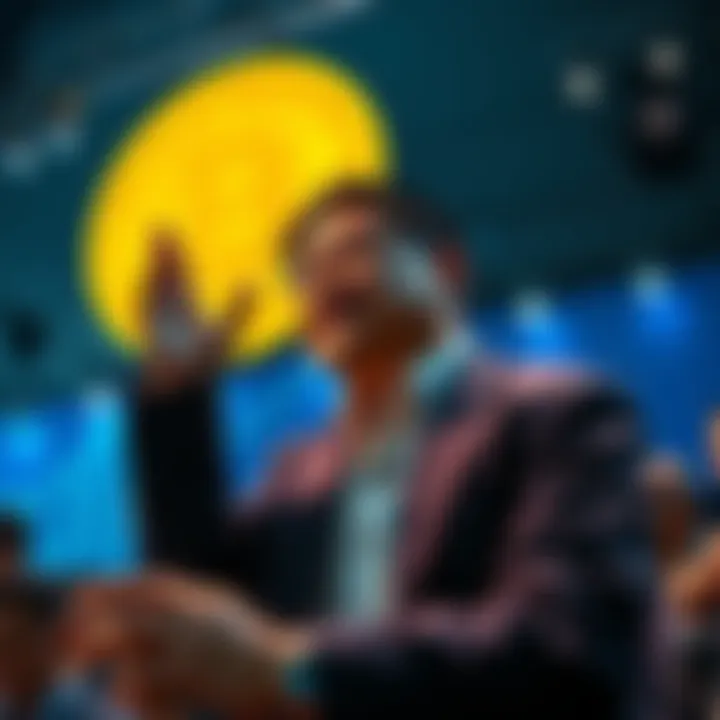 Binance founder CZ speaking confidently to a group of bitcoin investors, promoting resilience and positivity in the crypto market.