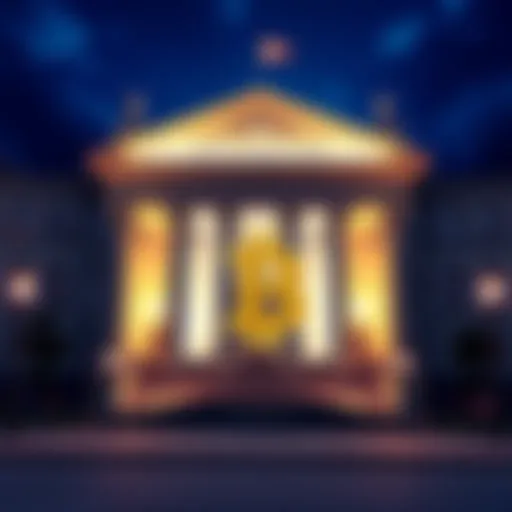 Czech National Bank building with a Bitcoin symbol displayed in front, indicating the purchase of cryptocurrency.