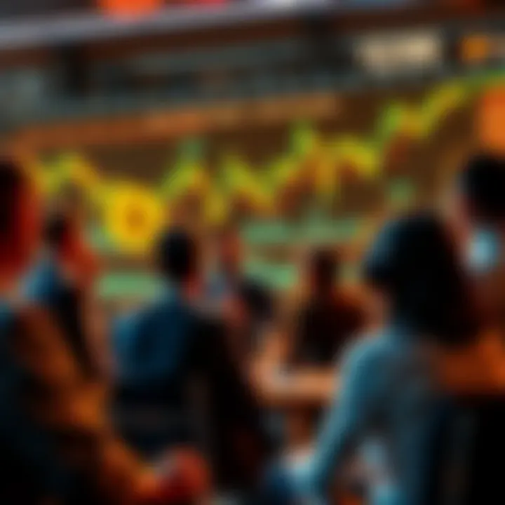People engaged in a lively discussion about Bitcoin with charts and graphs in the background.